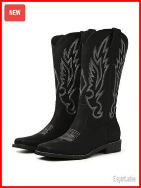 Square Toe Cowboy Boots Women Faux Leather Mid Calf Western Pull On